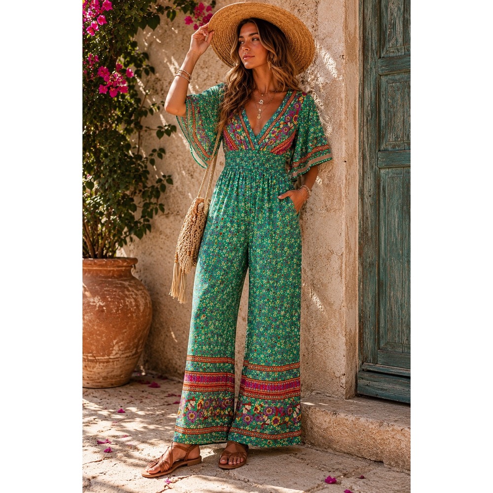 Cupshe Green Floral Boho Wide-Leg Jumpsuit with Pink Accents